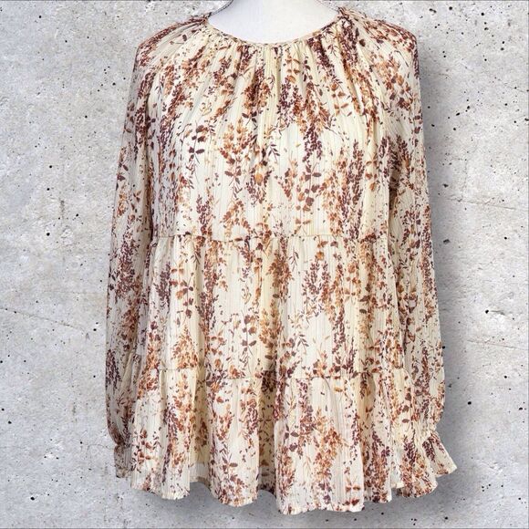 Andree By Unit Tiered Floral Top Cream Brown Semi Sheer Large Boho Peasant - Picture 1 of 8